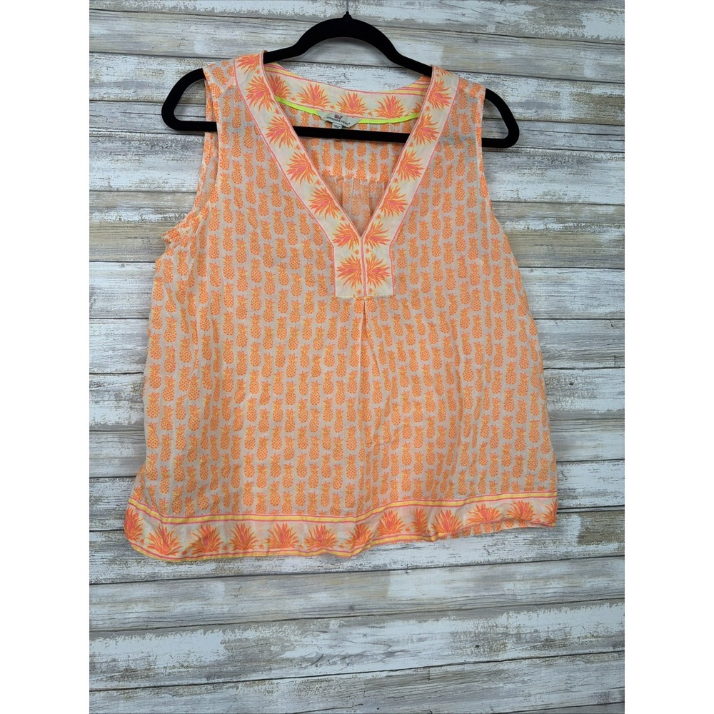 Vineyard Vines Women M V-Neck Sleeveless Woven Top Tropical orange , LOOSE fit